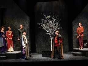 Brenda Robins as Eleanor, Sarah Afful as Alais, Rylan Wilkie as Richard Lionheart, Paolo Santalucia as Philip, Stuart Hughes as Henry II, Andre Morin as John, and Ben Sanders as Geoffrey in the Grand Theatre production of The Lion in Winter.  (MORRIS LAMONT, The London Free Press)