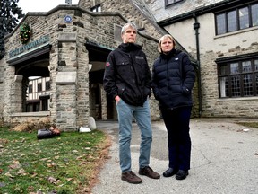 King’s University College faculty members Don Kerr (left), professor of sociology, and Tracy Smith-Carrier, professor of social work, and Dante Lenardon Hall in London Ont. January 4, 2017. CHRIS MONTANINI\LONDONER\POSTMEDIA NETWORK