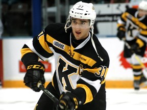 Kingston Frontenacs captain and Toronto Maple Leafs prospect Stephen Desrocher, action against the Generals in Oshawa on Sunday night, wants to earn an entry-level contract from the Maple Leafs. (Dhiren Mahiban/The Canadian Press)