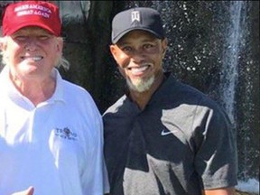 Old grey-beard Tiger Woods poses for a photo with Donald Trump during a recent round of golf. (Twitter)