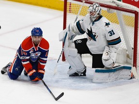 Edmonton's Jordan Eberle, left, reacts to a save by San Jose's goaltender Martin Jones during the third period of a NHL game between the Edmonton Oilers and the San Jose Sharks at Rogers Place on Tuesday, January 10, 2017.