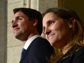 Prime Minister Justin Trudeau talks alongside Chrystia Freeland at a press conference on Parliament Hill in Ottawa on Tuesday, Jan 10, 2017, after she was sworn in as Minister of Foreign Affairs during a cabinet shuffle at Rideau Hall. (THE CANADIAN PRESS/Sean Kilpatrick)