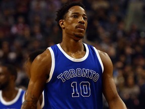 DeMar DeRozan of the Toronto Raptors during action against the Boston Celtics at the Air Canada Centre in Toronto, Ont. on Tuesday January 10, 2017. (Dave Abel/Toronto Sun/Postmedia Network)