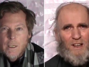 These images made from video released by the Taliban on Wednesday, Jan. 11, 2017 shows an Australian identified as Timothy Weekes (left) and American Kevin King (right) making statements on camera while in captivity. The video shows Weekes and King, who were kidnapped in August, the first time they’ve been seen since their abduction. The two men were abducted outside the American University of Afghanistan in Kabul, where they worked as teachers. (militant video via AP)