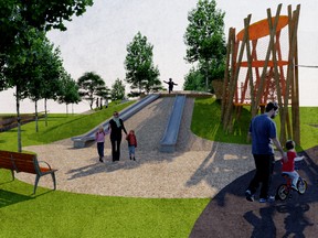 Slides built into a hillside and a climbing tower at the planned Dermott District Park, a natural-themed playground coming to Idylwylde. Supplied