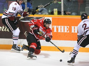 The Owen Sound Attack's Jonah Gadjovich tries to get a shot off while sliding on his knees along the boards after being checked by the Guelph Storm's Isaac Ratcliffe, left, during Ontario Hockey League action on Wednesday.