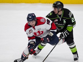 Edmonton Oil Kings  Colton Kehler trips up Lethbridge Hurricanes  Ryan Bowen during second period WHL action on Wednesday January 11, 2017 in Edmonton.