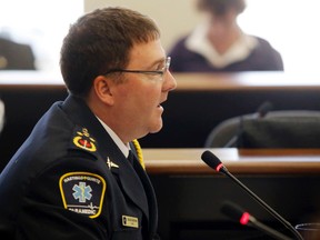 Chief Doug Socha reports to the Hastings-Quinte emergency services committee Wednesday at Hastings County headquarters in Belleville. He said a new protocol for trauma patients has allowed three patients in its first three months to receive specialized care faster. (Luke Hendry/Postmedia Network)