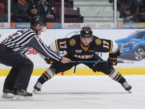 Sarnia Sting centre Drake Rymsha has won nearly 58 per cent of the faceoffs he's taken this season. The 18-year-old Michigan native's success in the faceoff circle will be a boost to his new club during the final two months of the Ontario Hockey League season. (Metcalfe Photography)