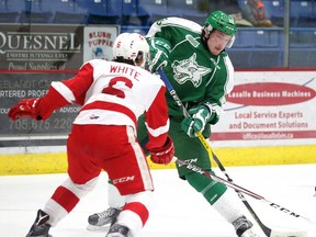 Sudbury Wolves Dmitry Sokolov takes a shot  during OHL action against the Soo Greyhounds from the Sudbury Community Arena in Sudbury, Ont. on Wednesday January 11, 2017. Gino Donato/Sudbury Star/Postmedia Network