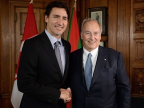Prime Minister Justin Trudeau meets with the Aga Khan on Parliament Hill in Ottawa on Tuesday, May 17, 2016. THE CANADIAN PRESS/Sean Kilpatrick
