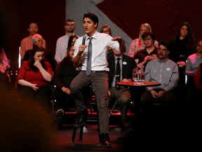 EMILY MOUNTNEY-LESSARD/The Intelligencer
Prime Minister Justin Trudeau speaks at the Empire Theatre in Belleville Thursday night.