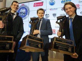 (Left to right) Dakota Heise, Nikolai Kruhlak and Brennan Kowalchuk are winners of the 2016-17 Wayne Gretzky Awards, announced during the kickoff for Quikcard Edmonton Minor Hockey Week at Rogers Place on Tuesday, Jan. 10, 2017. (David Bloom)