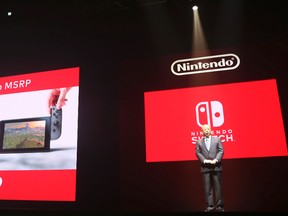 President of Nintendo Tatsumi Kimishima speaks during a presentation event of Nintendo Switch in Tokyo, Friday, Jan. 13, 2017. (AP Photo/Koji Sasahara)