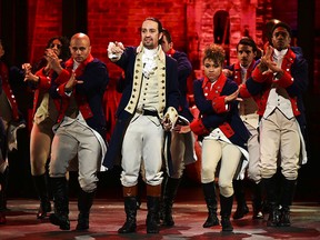 Lin-Manuel Miranda and the cast of 'Hamilton' perform onstage during the 70th Annual Tony Awards at The Beacon Theatre on June 12, 2016 in New York City. (Photo by Theo Wargo/Getty Images for Tony Awards Productions)