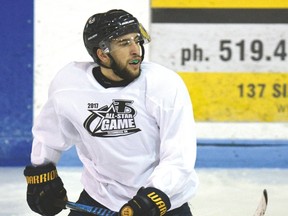 Mircea Constantin, who recently played in the Romanian Cup, suited up for Team World in the 11th annual GMHL all-star game in Tillsonburg Tuesday night. (CHRIS ABBOTT/TILLSONBURG NEWS)