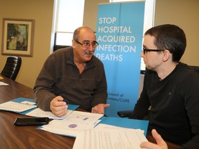 Jason Miller/The Intelligencer
Louis Rodrigues (left) and Nicholas Black, of Ontario Council of Hospital Unions, are going across Ontario spreading their message of the risk of increasing hospital infections due to ongoing reductions of cleaning staff.