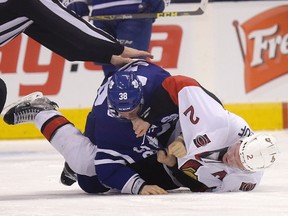 Senators defenceman Dion Phaneuf got into a scrap with Leafs’ Colin Greening in his first game against his former team following last February’s trade. (CRAIG ROBERTSON/Toronto Sun)