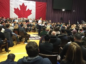 Prime Minister Justin Trudeau at town hall at Alumni Hall in London. (DAN BROWN, The London Free Press)