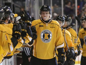 Kingston Frontenacs Eemeli Rasanen celebrates his fourth goal of the season against the  Peterborough Petes during Ontario Hockey League action at the Rogers K-Rock Centre in January. (Ian MacAlpine/The Whig-Standard)