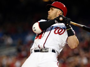 Nationals' Bryce Harper leans back out of the way of an inside pitch from Tigers pitcher Jordan Zimmermann during MLB action at Nationals Park in Washington on May 11, 2016. (Alex Brandon/AP Photo)