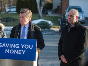 Toronto Mayor John Tory talks about the future of curb side waste collection east of Yonge St. on Wednesday, January 11, 2017. He was joined by Councillors Jaye Robinson and Stephen Holyday. (Ernest Doroszuk/Toronto Sun)