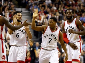 Kyle Lowry of the Toronto Raptors celebrates a point against the Brooklyn Nets at the Air Candada Centre on Jan. 13, 2017. (Dave Abel/Toronto Sun/Postmedia Network)