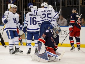 Rangers goalie Henrik Lundqvist (30) reacts after giving up a goal to the Maple Leafs during first period NHL action in New York on Friday, Jan. 13, 2017. (Julie Jacobson/AP Photo)