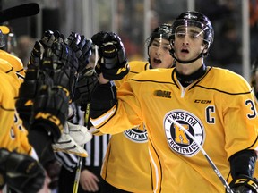 Kingston Frontenacs' Stephen Desrocher celebrates his first-period goal against the Peterborough Petes during Ontario Hockey League action at the Rogers K-Rock Centre on Friday. (Ian MacAlpine/The Whig-Standard)