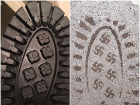 A Redditor posted a picture on Imgur showing the footwear alongside its swastika imprints. The caption read, "There was an angle I didn't get to see when ordering my new work boots." (Reddit)