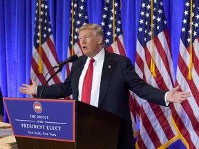 U.S. President-elect Donald Trump speaks during a press conference Jan. 11, 2017 at Trump Tower in New York. (TIMOTHY A. CLARY/AFP/Getty Images)