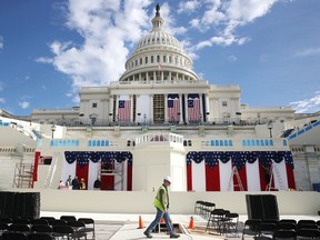 Work being performed on the stage at the U.S. Capitol on January 13, 2017 in Washington, D.C. ahead of the Jan. 20 inauguration of Donald Trump. (Mark Wilson/Getty Images)