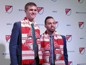Brandon Aubrey, left, selected 21th overall by the Toronto FC and Sergio Camargo, who signed with the TFC as a homegrown player, pose at the MLS SuperDraft in Los Angeles on Jan. 13, 2017. (THE CANADIAN PRESS)