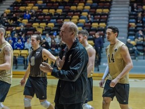 University of Manitoba head coach Garth Pischke celebrates Manitoba's 25-23, 27-29, 25-16, 25-23 victory over the UBC Thunderbirds Saturday, Jan. 14, 2017, at the Investors Group Athletic Centre in Winnipeg, his 1,300th victory to extend his North American all-time coaching match win record in his 35th season at Manitoba.
Submitted photo