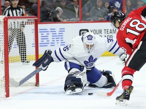 Former Senator Curtis McElhinney made 35 saves for the Maple Leafs in a 4-2 win on Saturday night. (Wayne Cuddington/Postmedia Network)