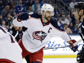 Columbus Blue Jackets left winger Nick Foligno celebrates after scoring against the Tampa Bay Lightning on Jan. 13, 2017, in Tampa, Fla. (CHRIS O'MEARA/AP)