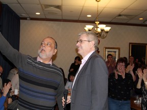 New Democrats Gilles Bisson (MPP. Timmins-James Bay), left, and Charlie Angus (MP. Timmins-James Bay), pose for a photo in 2017.