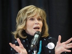 Jane Fonda speaks during a press conference along with indigenous leaders in Edmonton, Alta., on Wednesday, January 11, 2017. (THE CANADIAN PRESS/Jason Franson)