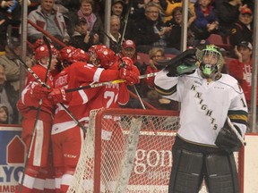 Soo Greyhounds celebrate a goal by Zachary Senyshyn while London Knights goalie Tyler Parsons has a drink during first-period action at Essar Centre in Sault Ste. Marie, Ont., on Sunday, Jan. 15, 2017. (BRIAN KELLY, Postmedia Network)