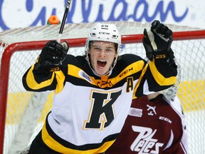 Ted Nichol of the Kingston Frontenacs celebrates his goal against the Peterborough Petes during OHL action in Peterborough on Jan. 14, 2017 at the Peterborough Memorial Centre. The Frontenacs won 4-3. (Clifford Skarstedt/Peterborough Examiner/Postmedia Network)