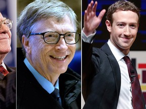 Warren Buffett, left, Bill Gates, centre, and Mark Zuckerberg are among the eight richest men in the world. (AP File Photos)