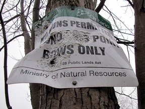 A ministry sign posted in Chatham-Kent to indicate a bows only hunting area appears damaged by rounds from a firearm. (Handout/Chatham Daily News)