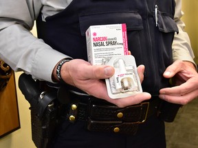 RCMP officer shows off a nasal naloxone kit. On Friday, Jan.13, 2017, RCMP officers responded to a call of a possilbe fentanyl overdose in the southeast corner of Manitoba, marking the first time that nasal naloxone has been used by the RCMP in Manitoba.
Handout/RCMP