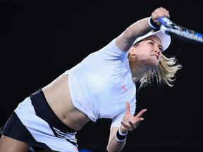 Eugenie Bouchard serves in her first-round match against Louisa Chirico on Day 1 of the Australian Open at Melbourne Park on Jan. 16, 2017. (Quinn Rooney/Getty Images)