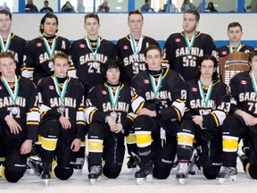 The Sarnia Jr. Sting made it to the midget A championship game of the Sarnia international Silver Stick finals Sunday at Clearwater Arena but lost 3-2 to the Bradford Bulldogs. Back row from left are Dante Fuoco, Justin Houle, Burke Roszell, Matthew Torti, Curtis Marks, Devin DeVooght, Isaak Tucker, Lucas Knowles, Aidan Manery, Cam Pomerleau, head coach Stephen Baker, trainer Mike Roszell and assistant coach Blake Morrison. Front row from left are Bailey Reinders, Jack McAuley, Brandon Ainsworth, Austin Coutts, Spencer Preece, Bryce Randall, Zach Lessard and Josh Bayne. (Rick Schroeter/SilverPeak Studios)