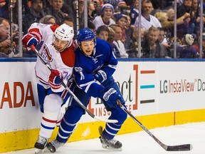 Toronto Maple Leafs forward Zach Hyman during an NHL game against the Montreal Canadiens and Alexei Emelin at the Air Canada Centre in Toronto on Jan. 7, 2017. (Ernest Doroszuk/Toronto Sun/Postmedia Network)