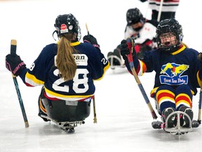 Twelve-year-old Katie Rivait celebrates after her sister 15-year-old sister Olivia (#28) scored to the Sarnia Ice Hawks a 4-0 lead over the Hamilton Sledgehammers during the Blizzard Invitational Sledge Hockey Tournament in at Nichols Arena in London, Ont. on Friday January 22, 2016. (Free Press file photo)