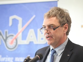 SNOLAB director Nigel Smith speaks at a news conference earlier this year at which $28.6 million in operational funding for the underground research facility was announced. (Gino Donato/Sudbury Star file photo)