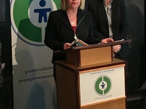 (Left to right) Lianna McDonald, executive director of the Canadian Centre for Child Protection, and Signy Arnason, director of Cybertip.ca, address the media at the launch of Project Arachnid, an automated crawler that will help reduce the online availability of child sexual abuse material on the internet and break the cycle of abuse on Thursday at the Canadian Centre for Child Protection offices in Winnipeg. (GLEN DAWKINS/Winnipeg Sun)