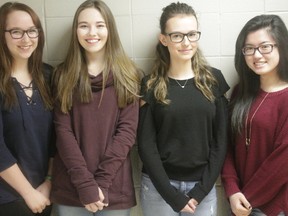 Four Grade 10 Hilltop High School students won the “Get Reel Video Contest” by the Town of Whitecourt and local RCMP.  From left to right: Sadie Bounds-Spence, Erica Anderson, Kailey Lambert and Thanh Pham (Joseph Quigley | Whitecourt Star).